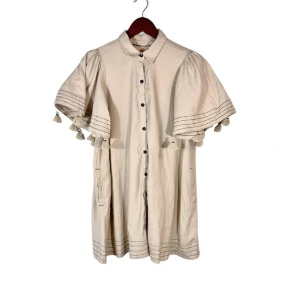 NWT Anthropologie Maeve Collared Linen Blend Button-Front Tassel Mini Dress Med - Picture 3 of 6
